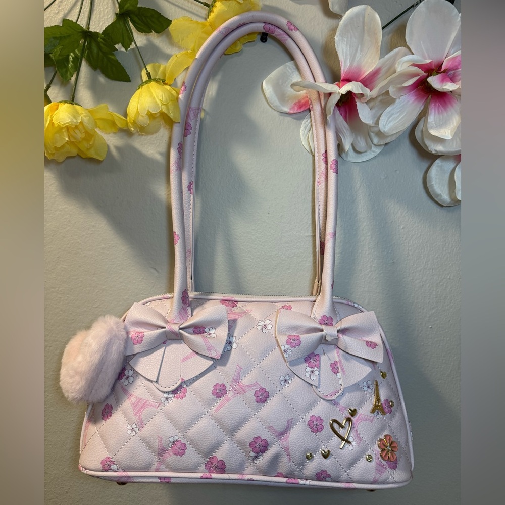 Under One Sky Pink Quilted Floral Tote with Bows and Pom-Pom Charm